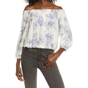 Socialite ivory blue flor off shoulder long sleeve blouse size Medium‎ NWT